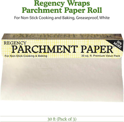 Regency Wraps Parchment Paper, Greaseproof for Non-Stick Cooking & Baking, 30ft Roll, White, Pack of 3