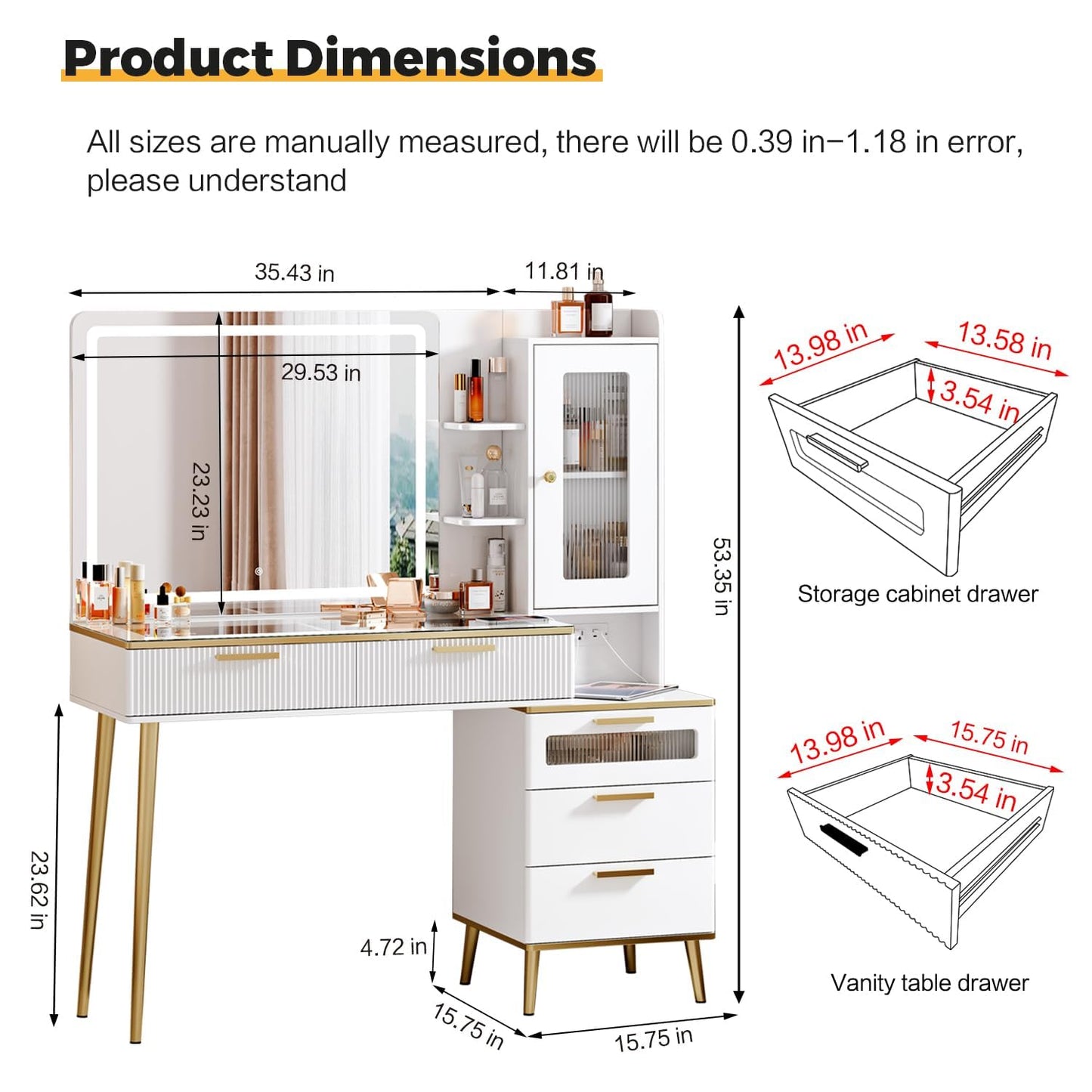 Arulvmrn Vanity Desk with 29.53" HD Lighted Mirror, 47.24" Big Modern Vanity Desk with Mirror and Lights, Makeup Vanity with 5 Drawers and Storage Shelves and Charging Station, White