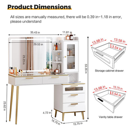 Arulvmrn Vanity Desk with 29.53" HD Lighted Mirror, 47.24" Big Modern Vanity Desk with Mirror and Lights, Makeup Vanity with 5 Drawers and Storage Shelves and Charging Station, White