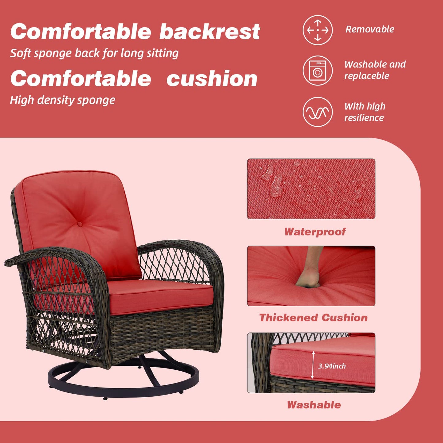 MELLCOM 3 Pieces Patio Furniture Set, Outdoor Swivel Rocker Patio Chairs, Wicker Patio Bistro Set with Rocking Chair, Thickened Cushions and Glass Coffee Table for Backyard, Garden, Wine Red