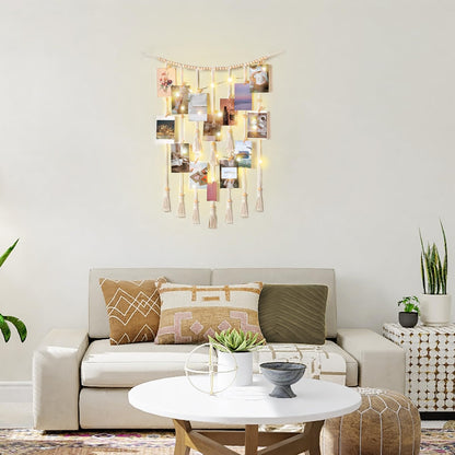 Mkono Macrame Hanging Photo Display Wall Decor with String Lights Boho Room Bedroom Wooden Beads Garland Picture Greeting Cards Holder with 30 Clips