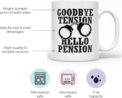 YouNique Designs Goodbye Tension Hello Pension - 11 Oz Portable Coffee Mug, Retirement Gift for Police Officer