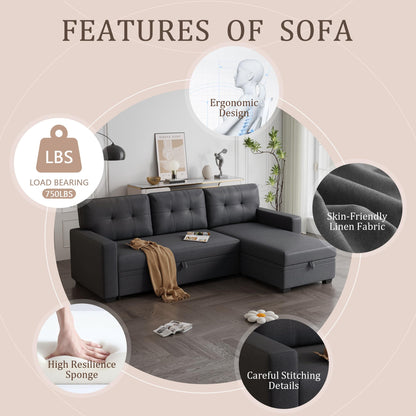 KTATK L-Shape 82" Linen Upholstered Pull Out Sectional Sofa with Storage Chaise,Can be Converted into a Twin Size Sleeper Bed W/Removable Back Cushions,for Living Room,Apartment,Office,Dark Gray