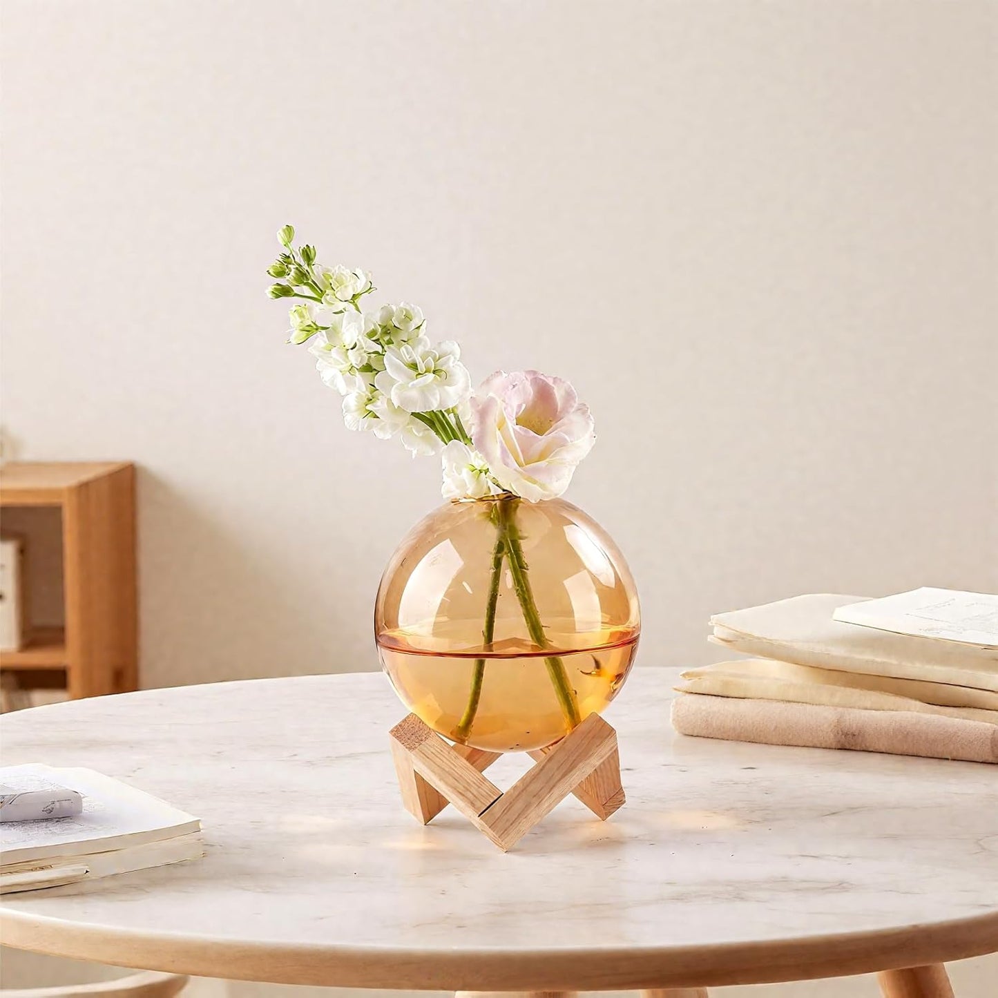 3.9", Ball-Shaped Plant Propagation Station with Wooden Stand -Glass Plant Terrarium for, Home Office Kitchen Garden