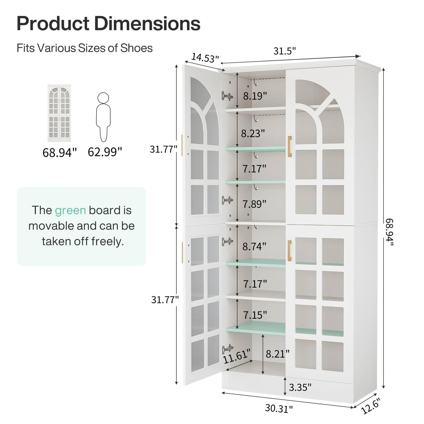 Tribesigns 8-Tier Bookshelf with Doors and LED Lights, 68.9" Tall Bookcase with Adjustable Shelves, Modern Wooden Display Cabinet for Living Room, Home Office, Bedroom, White (1PC)