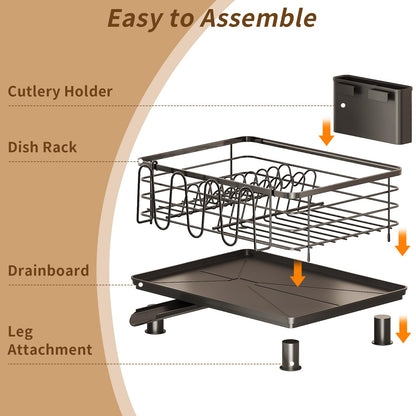 PureBox Dish Drying Rack with 2 Utensil Holders, Rustproof Metal Kitchen Counter Organizer with Cup Holder & Drain Board, Large Capacity Dish Rack for Sink, Black