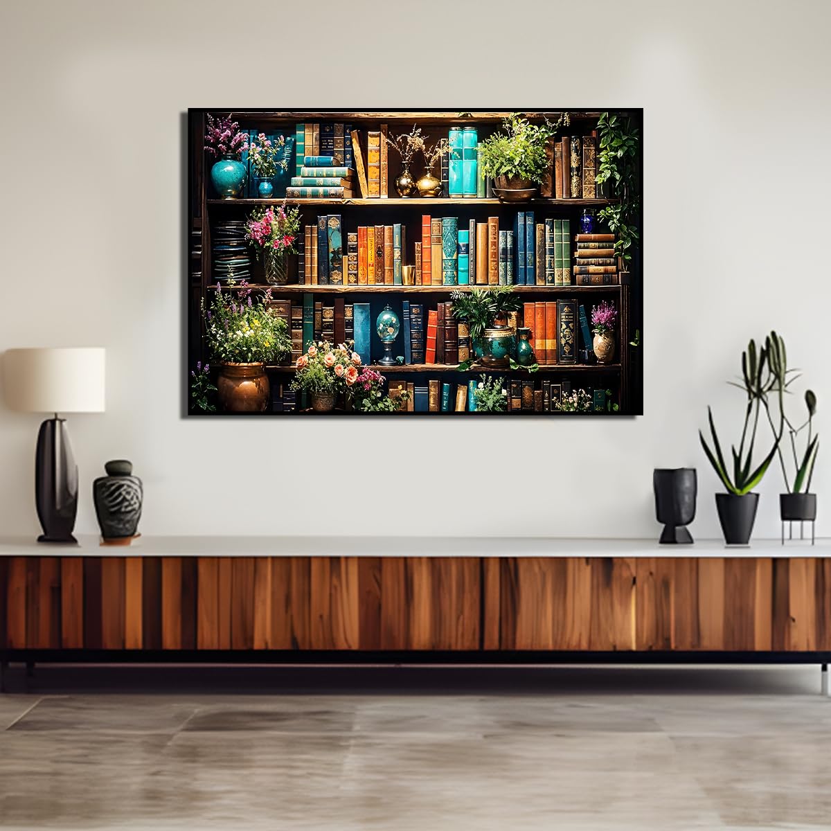 Ohhvvow 5D Bookshelf & Blooms Large Diamond Art Kit for Adults, 27.5x15.7 Inch Cozy Library Diamond Painting with Books & Flowers, DIY Full Drill Gem Craft Kits, Gift for Book Lovers & Beginners