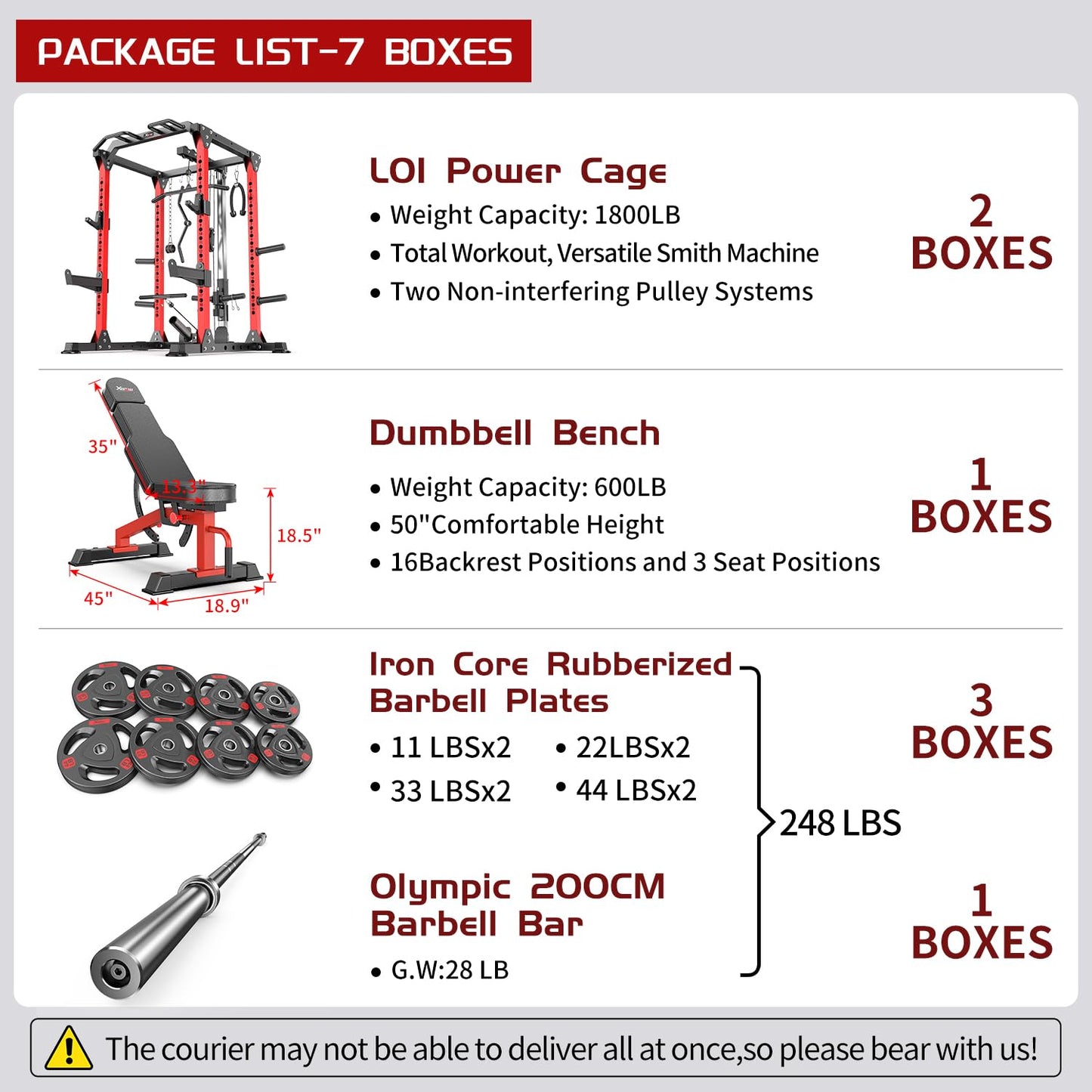 Power Rack Power Cage Multi-Function Squat Rack with Cable Crossover System Selectable More Training Attachment Power Rack for Garage & Home Gym (Red, C Set L01+Weight Bench+（Pole+Cast Iron） 248LBS)