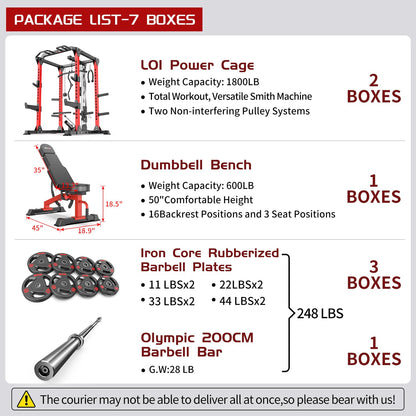 Power Rack Power Cage Multi-Function Squat Rack with Cable Crossover System Selectable More Training Attachment Power Rack for Garage & Home Gym (Red, C Set L01+Weight Bench+（Pole+Cast Iron） 248LBS)