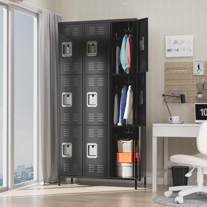 MERXENG Metal Storage Locker with 9 Doors, Metal Locker for Employees with 18 Hooks for Garage School Office Gym Home, Assembly Required, Black