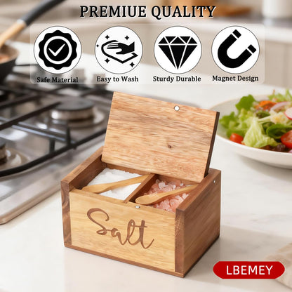 Acacia Wood Spice Box with Lid and Built-in Spoon for Kitchen Countertop, Rectangle Farmhouse Kitchen Decoror for Storing Salt, Peppers, Sugar or Seasonings, Brown (Brown (Labeled - “Salt”))