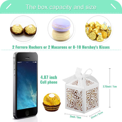 COTOPHER 100Pcs Laser Cut Favor Boxes, 2x2x2.75in Small Gift Boxes for Presents, Party Wedding Favors Boxes with Ribbon, Mini Candy Boxes for Event Bridal Shower Anniversary Birthday Christmas, White