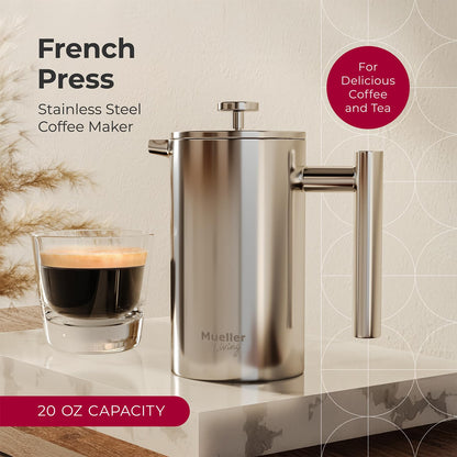 MuellerLiving French Press Coffee Maker 20oz, Stainless Steel French Press Coffee, 4 Filter Heat Resistant Double Insulated, Rust-Free, Food Grade, Dishwasher Safe Coffee Pot