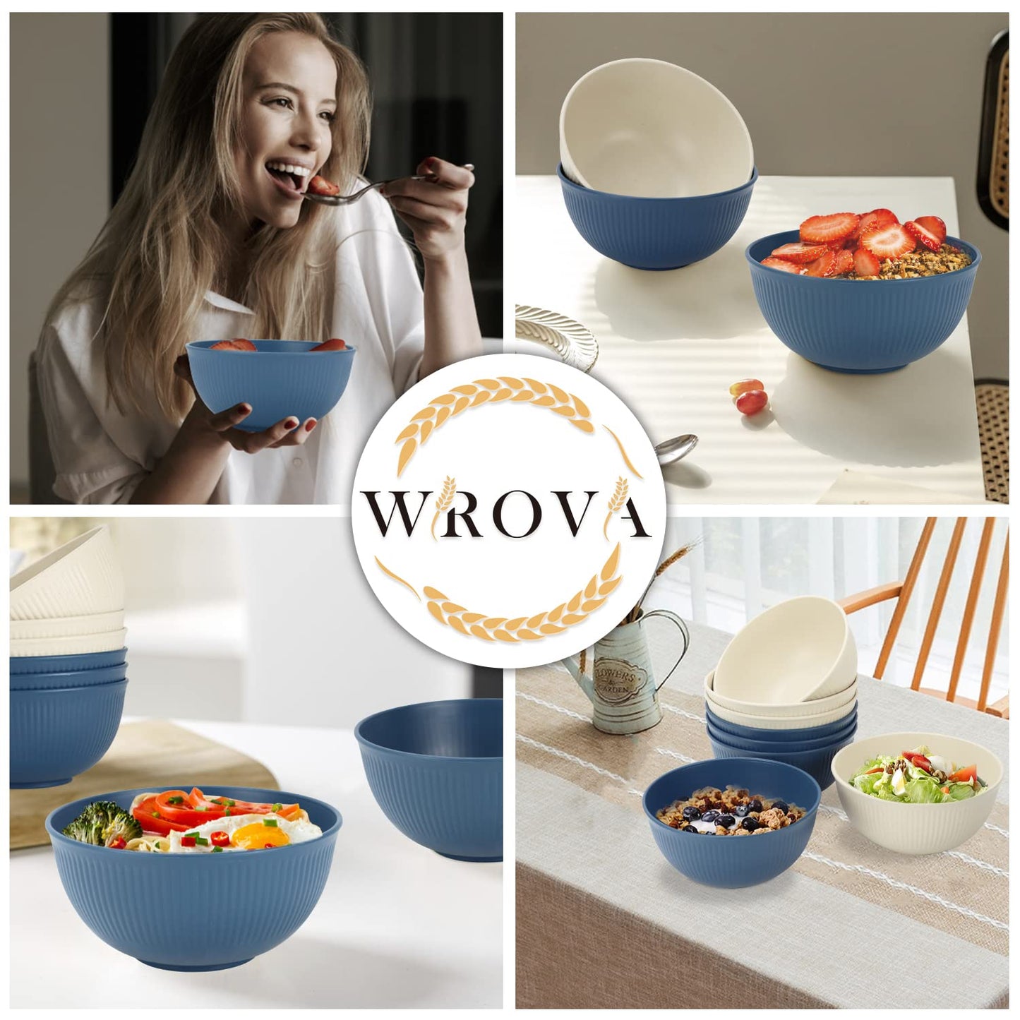 Wrova Wheat Straw Bowl Sets,8 PCS Unbreakable Cereal Bowl 26 OZ,Microwave and Dishwasher Safe Bowls,Bowl Sets BPA Free for Serving Soup,Oatmeal and Salad Summer-Sea Series