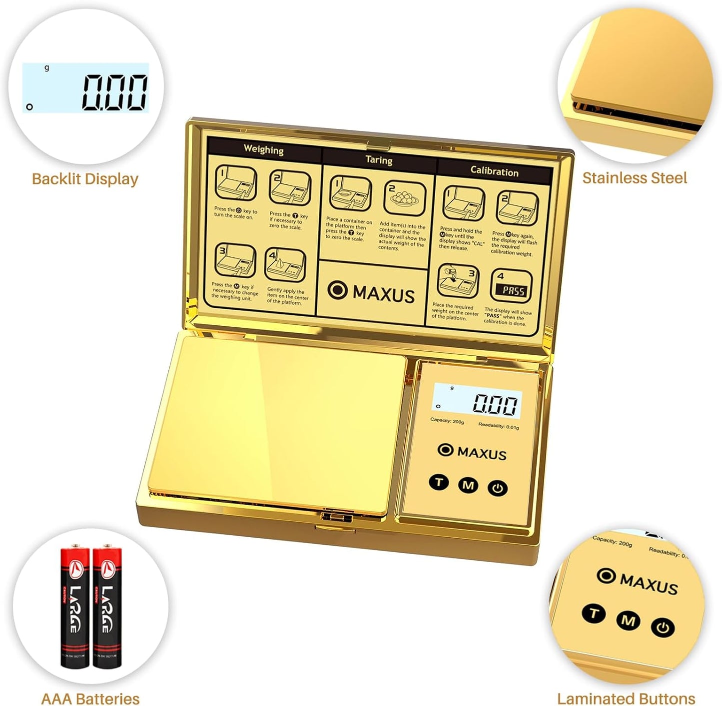 MAXUS Digital Gram Scale, 200g x 0.01g Capacity with Stylish Gold Plated Cover for Jewelry and Food Weighing