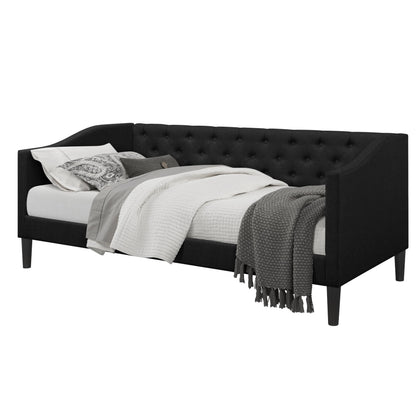 HOME DESIGN Gianna Twin Daybed, Upholstered Frame, Button-Tufted Back, Rectangular Back with Sloped Arms, Full Slat System, Black Tapered Legs, Black