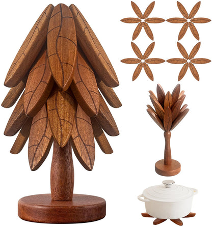 Tree Coasters, Wooden Trivets for Hot Dishes/Pot/Bowl/Teapot/Pans, Tree Shape Trivet Set - 4 Wooden Trivets + 1 Stand Stored, Kitchen Decor Gifts for Him/Her (Leaf Pattern - 4Pcs)