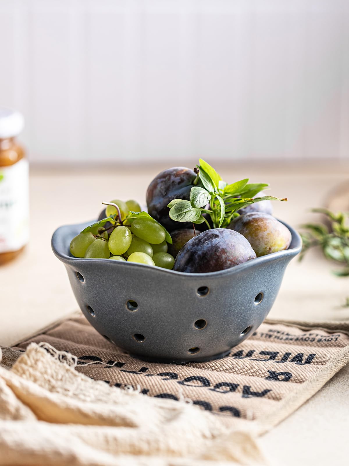 Gomakren Ceramic Berry Basket Set of 2, Elegant Fruit Bowl with Holes for Kitchen Counter, 6 Inch, Berries, Strawberry, Grape, Cherry, Floral Shape, Slate Blue, Dishwasher Safe