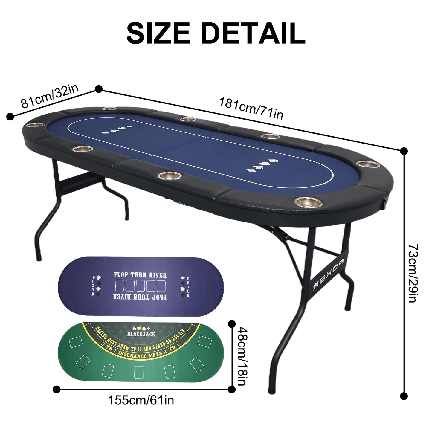 LXJIN 3 in 1 Foldable Poker Table with Reversible Game Mat, 8 Players Game Table with 8 Cup Holders, Suitable for Texas Holdem&Blackjack and Most of Poker Game.