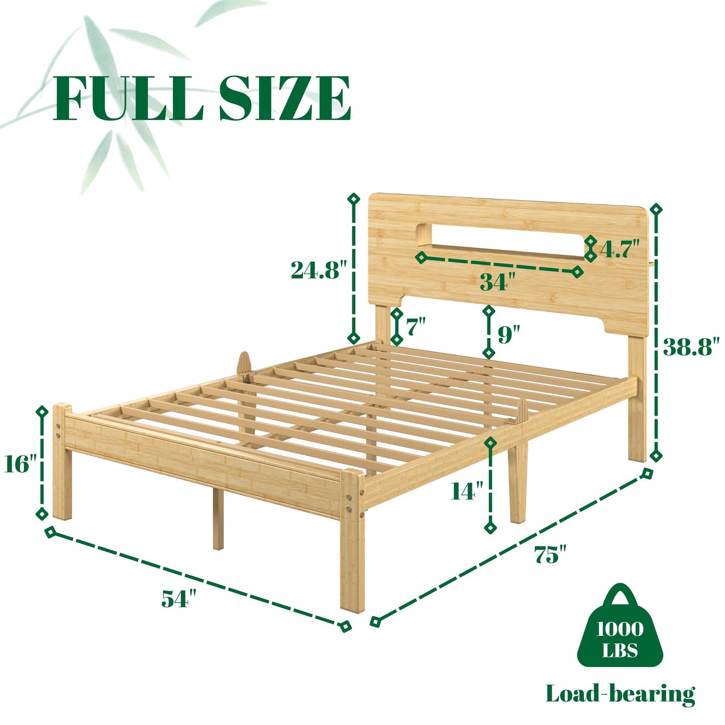 Askeld Wood Full Bed Frame with Storage Shelf Headboard, 14 Inch High Bamboo Platform Bed No Box Spring Needed, Mid-Century Heavy Duty Bedframe, Easy Assembly, Noise Free