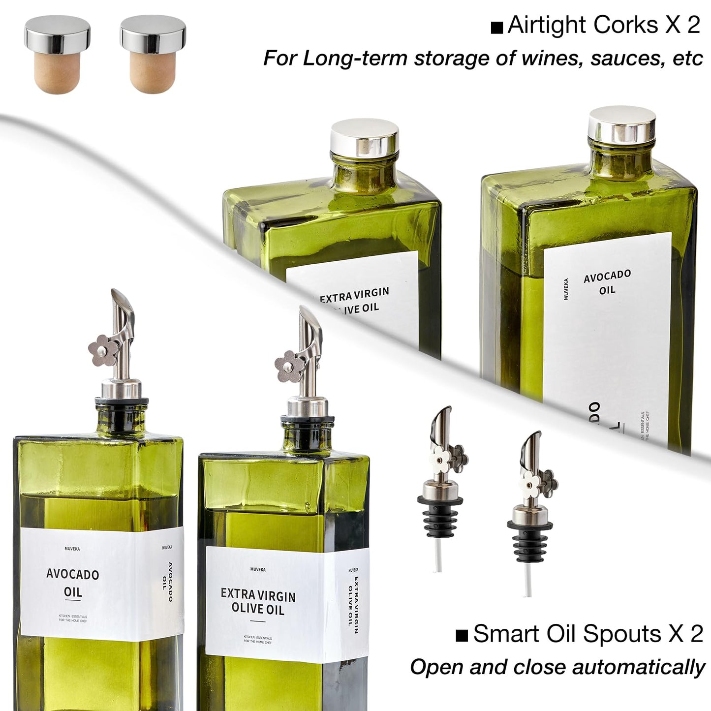 MUVEKA Olive Oil Dispenser Bottle for Kitchen, 16.9oz /500ml Cooking Vinegar Dispenser Bottle Set, Glass Sauce Container, Labels, Brush, Funnel, Stoppers, Green for Oil, Wine