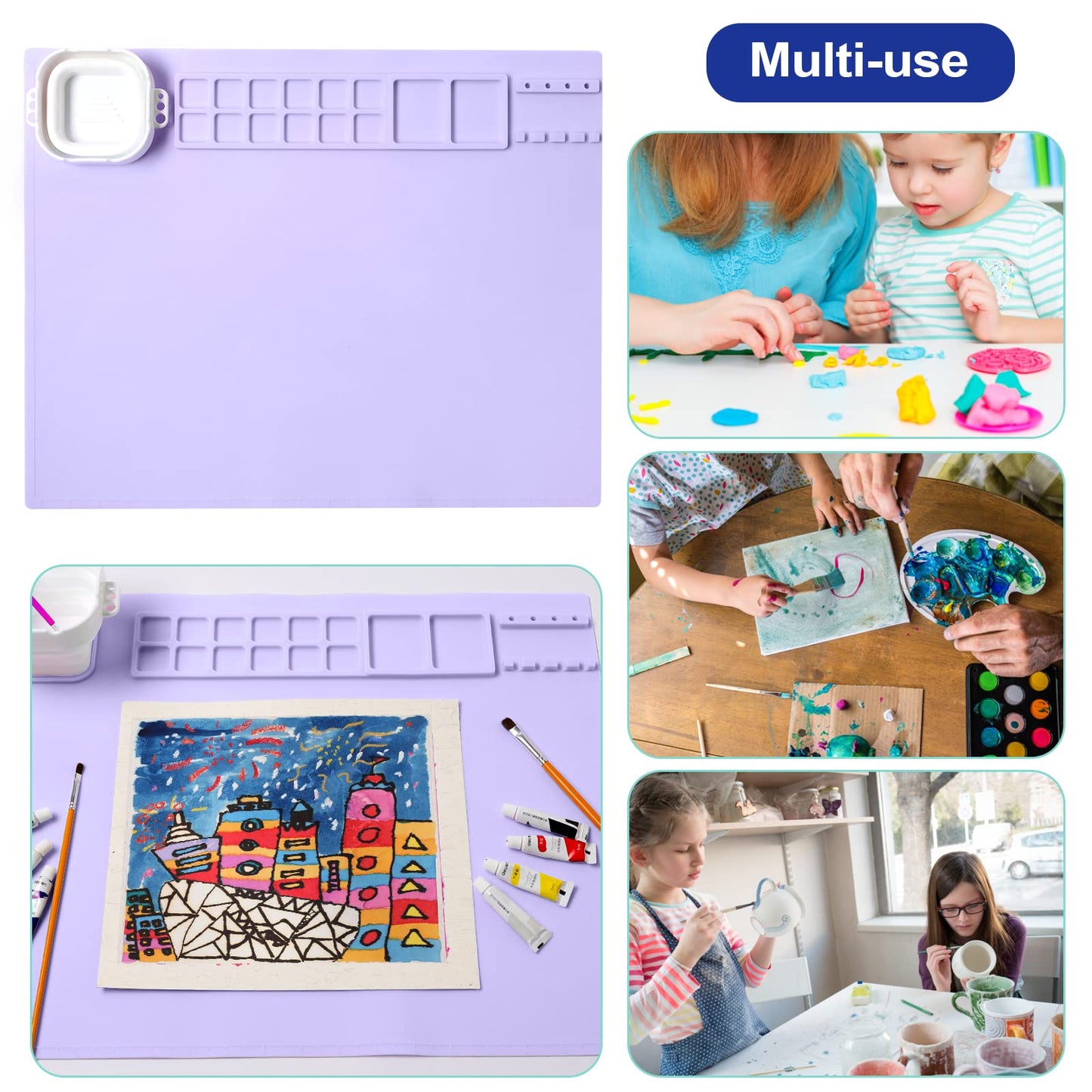 AWOKE Silicone Painting Mat - 20"X16" Silicone Art Mat with 1 Water Cup for Kids - Craft Mat has12 Color Dividers - 2 Paint Dividers (Purple)