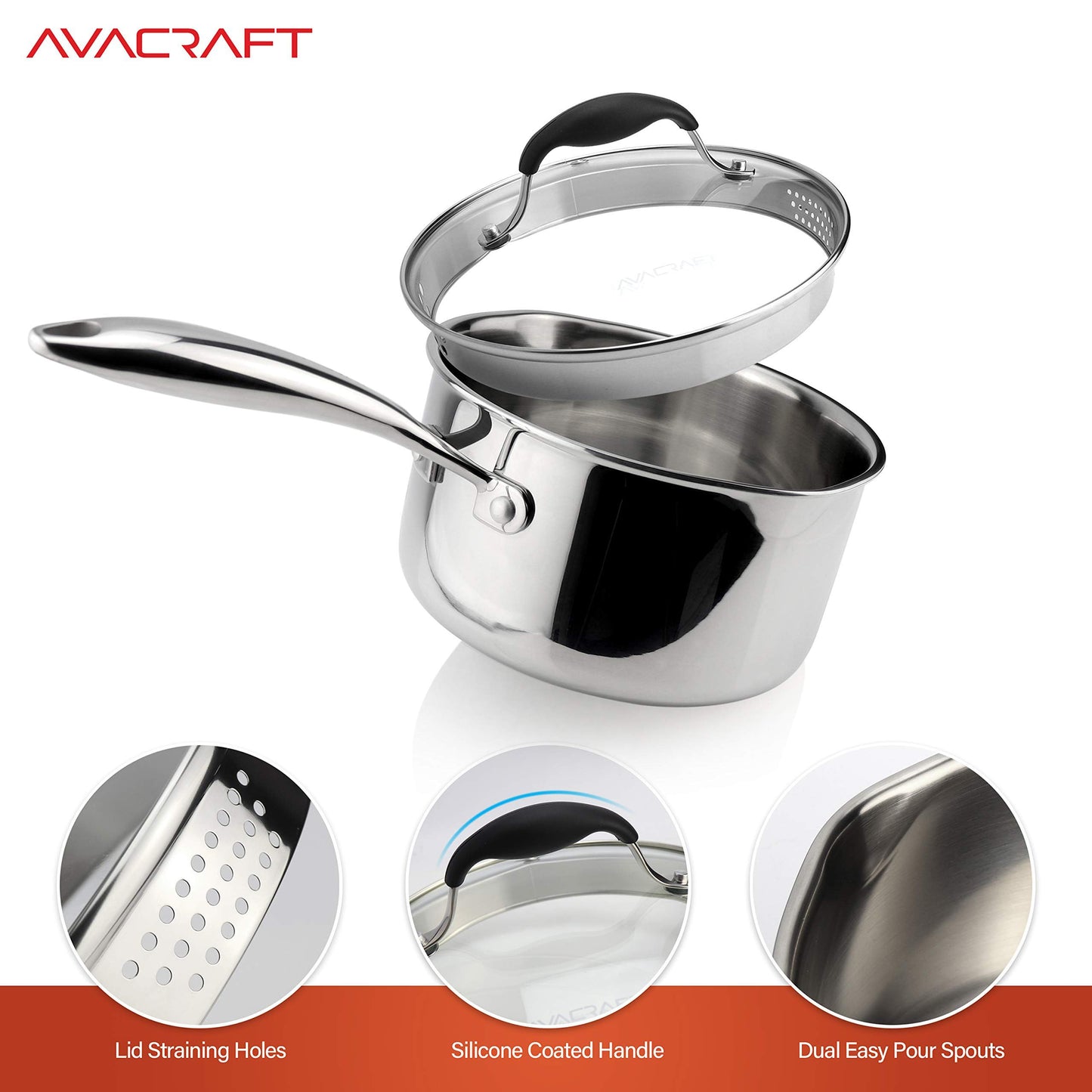 AVACRAFT Tri-Ply Stainless Steel Saucepan with Glass Strainer Lid, Two Side Spouts, Ergonomic Handle, Multipurpose Sauce Pan with Lid, Sauce Pot, Cooking Pot (Tri-Ply Full Body, 2.5 Quart)