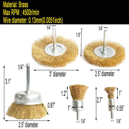 FPPO 5pcs Brass Wire Wheel Brush Kit for Drill,Crimped Cup Brush with 1/4-Inch Shank ,0.13mm True Brass Wire,Soft Enough to Cleaning or Deburring with Less Scrach