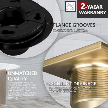 Uni-Green Champagne Bronze Shower Drain 4-1/4 Inch - Square Gold Shower Drain Kit with ABS Flange for 2" or 3" Pipe - Low Profile 304 Stainless Steel Shower Floor Drain Kit with Hair Carcher
