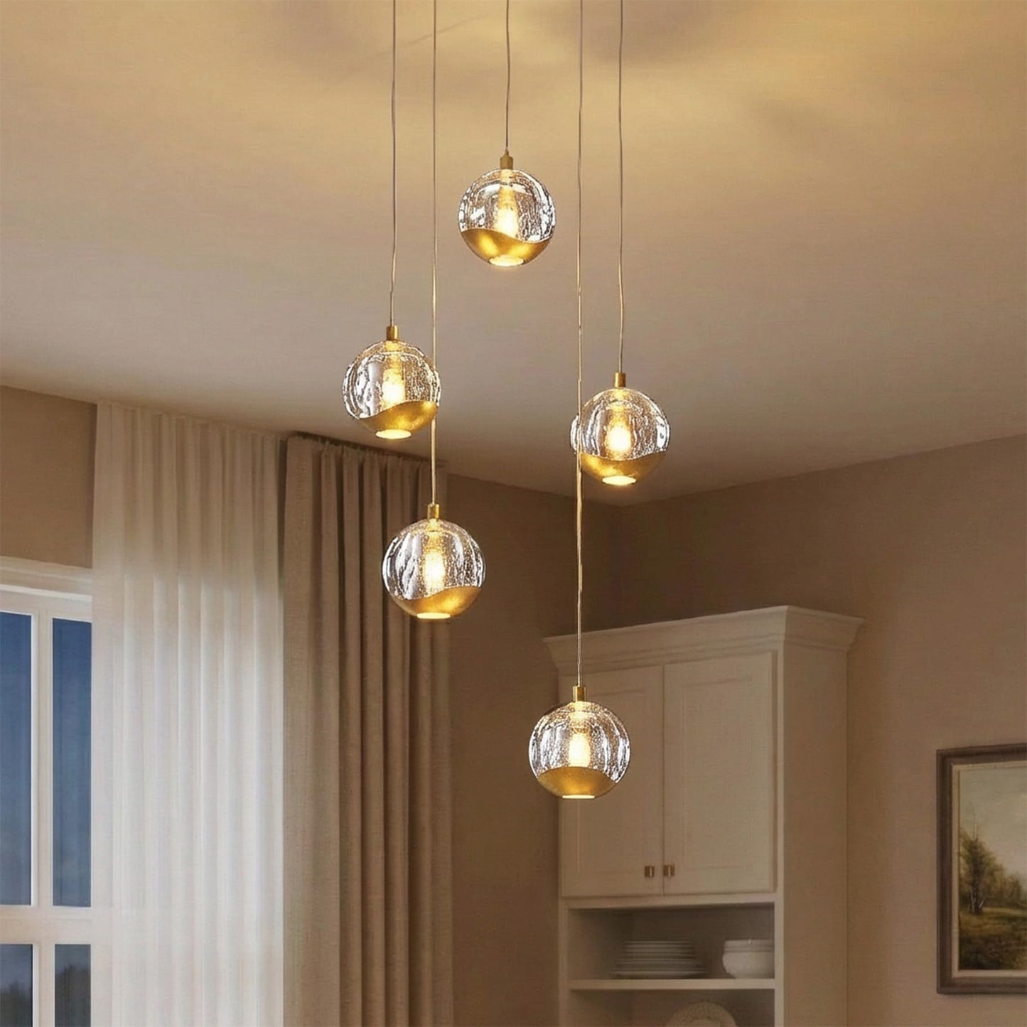 Lucande 5-Light Modern Gold Glass Globe Chandelier, Hanging Cluster Pendant Light Kitchen Island & Foyer Chandelier, Warm White 3000K, Brushed Gold Pendant Lights Cluster, Ø 11.03 in
