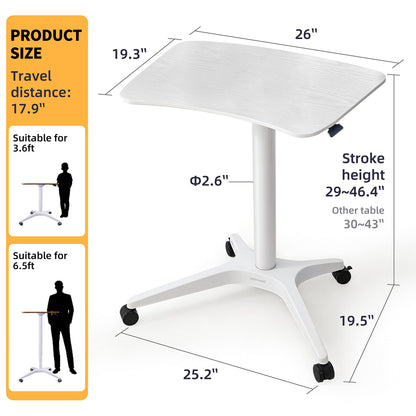 HAOOAH 47" Mobile Standing Desk(26" W*19.3" D), Adjustable Height Laptop Desk, Pneumatic Desk with Gas Spring Riser, Podium for Home, Office，Classroom，Medical, (29" to 46.9" H) (White)