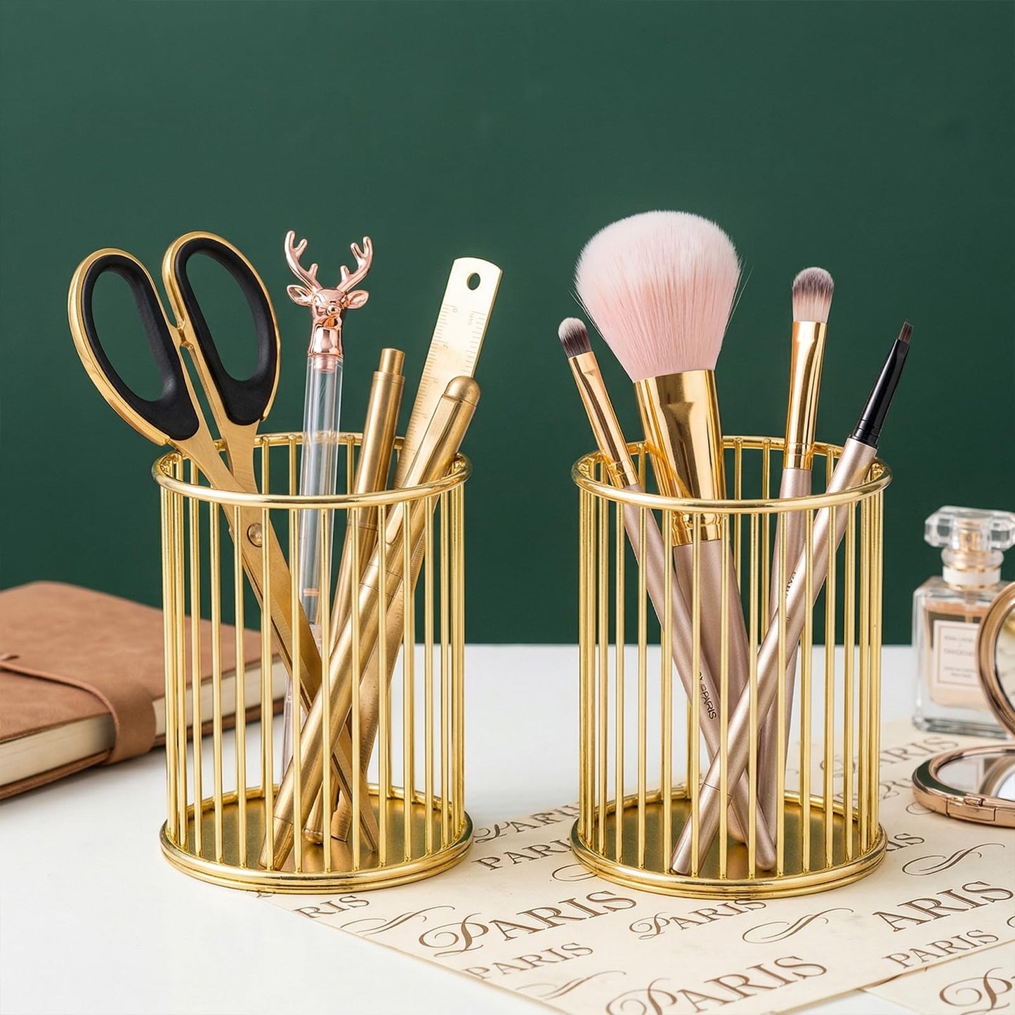 Yopay 4 Pack Gold Pencil Holder, Metal Pen Cup Makeup Brush Holder for Desk, Round Wire Mesh Desktop Organizer for Office School Home Vanity, Aesthetic Cylindrical Storage Organizer for Art Supplies
