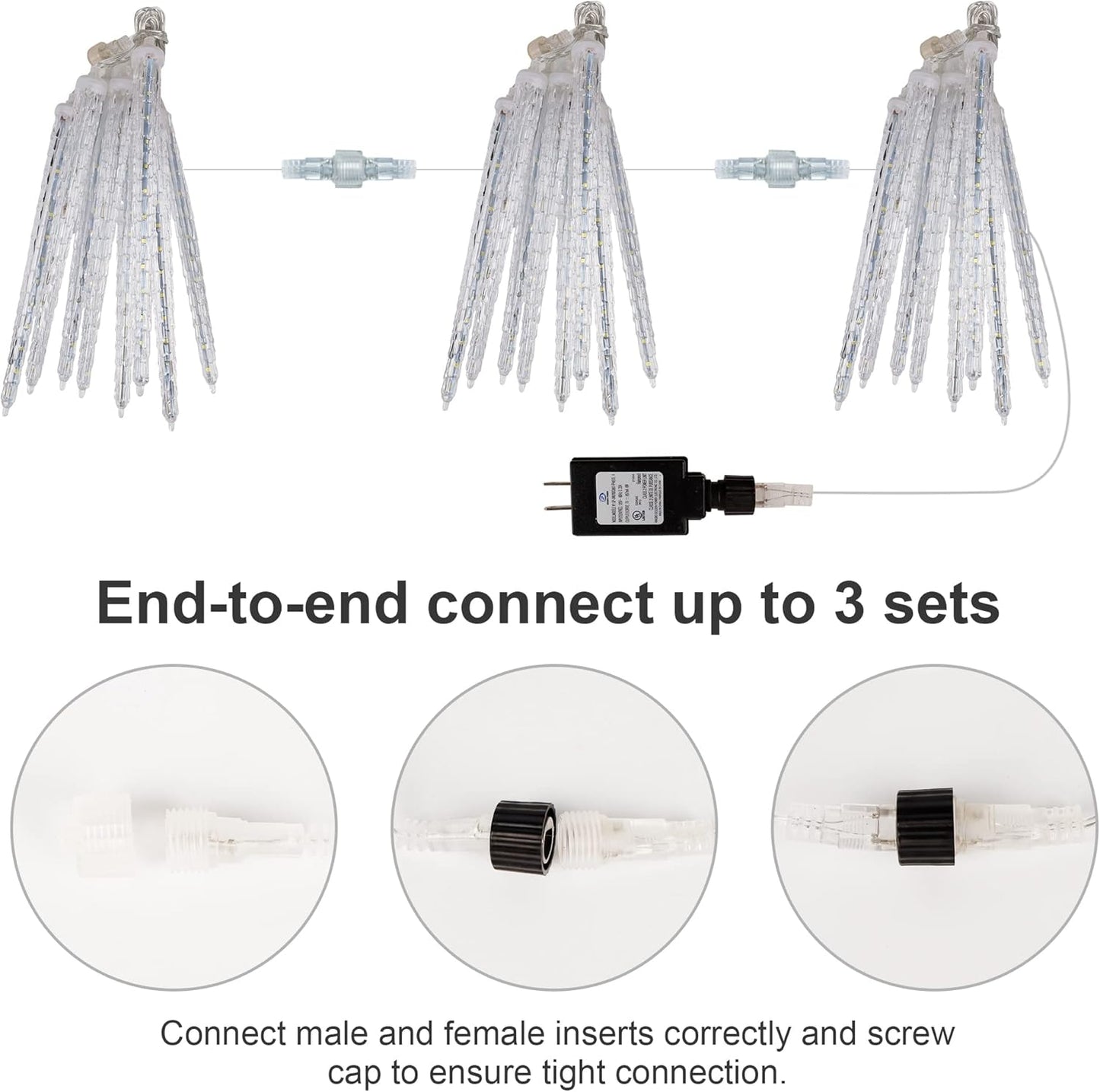 WATERGLIDE Meteor Shower Lights - 12" Outdoor Icicle Christmas Lights | 8 Icicles with 192 SMD LEDs, Connectable Raindrop Design for Holiday Decor