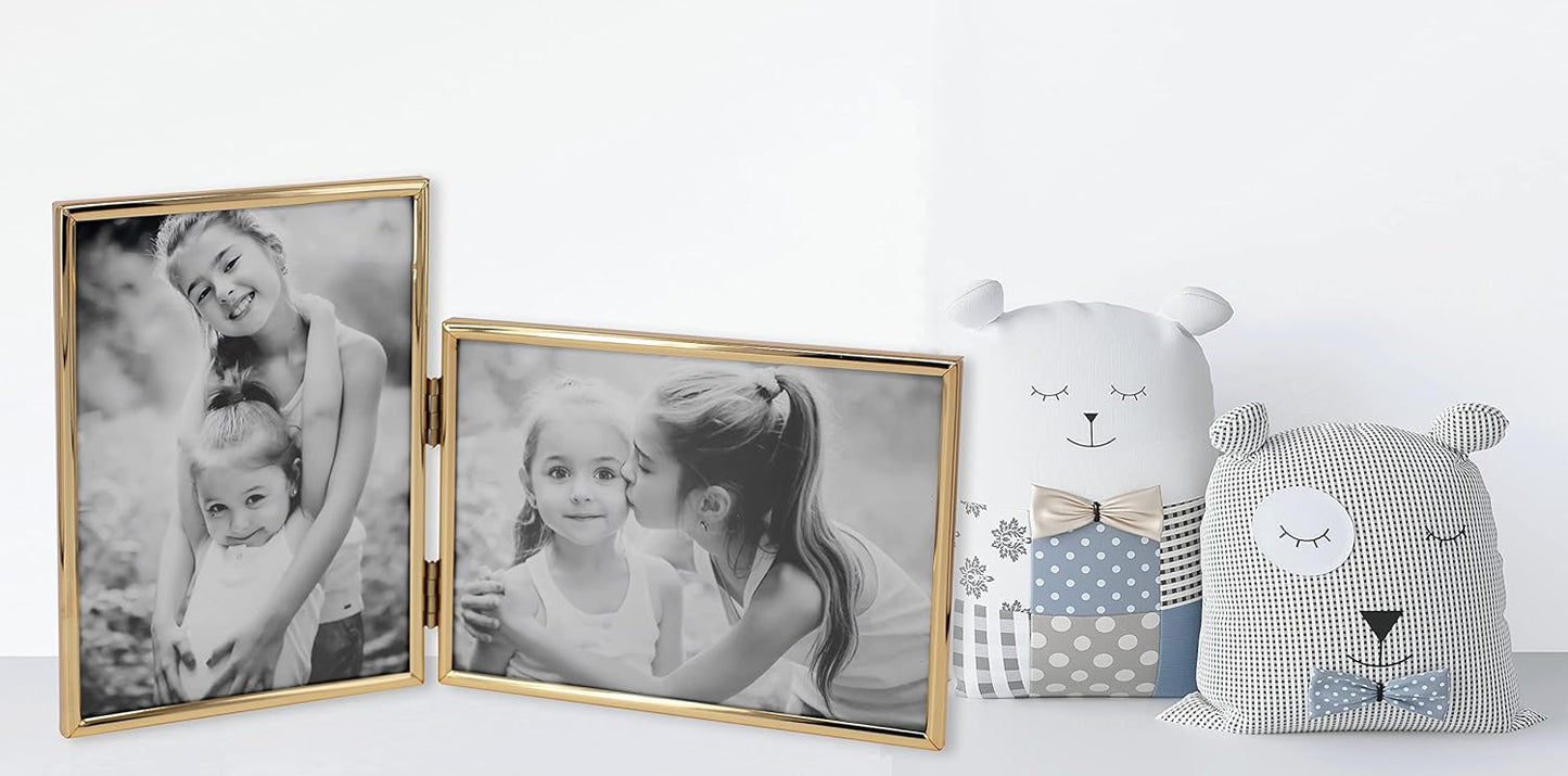 Double 4 by 6 Inch Metal Folding Picture Frames - 1 Landscape and 1 Portrait Style (Modern Gold)