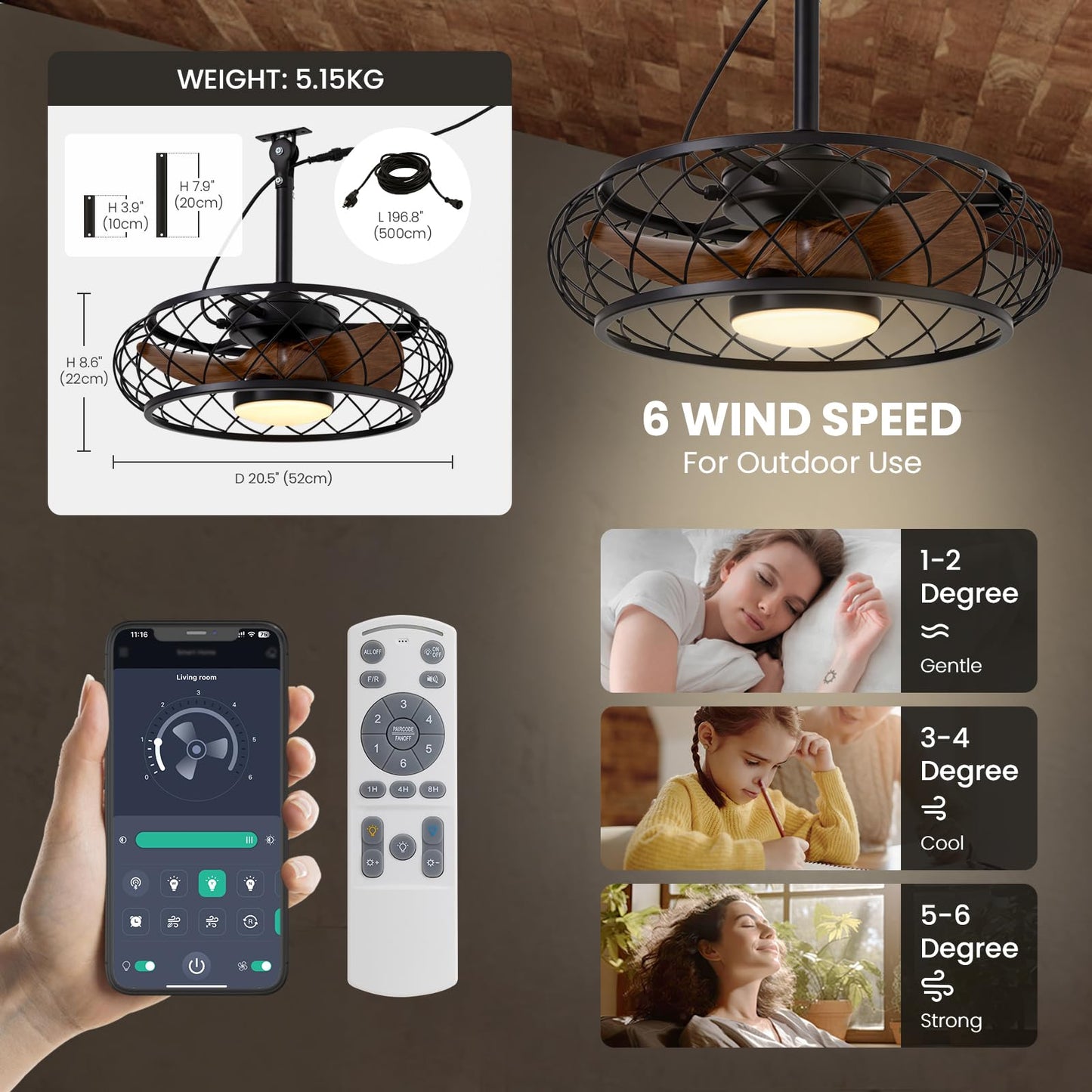CROSSIO 20'' Outdoor Ceiling Fans with Lights, Gazebo Fan Wet Rated Remote&APP Control, Plug in Ceiling Fan for Patios, Pergola, Ceiling Fan with Remote Control, Hanging with Hook,Black