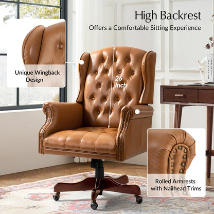 HULALA HOME Tufted PU Leather Office Chair with Wingback and Nailhead Trim, Adjustable Swivel Desk Chair with Rolled Armrests and Casters, Vintage Style(Camel)