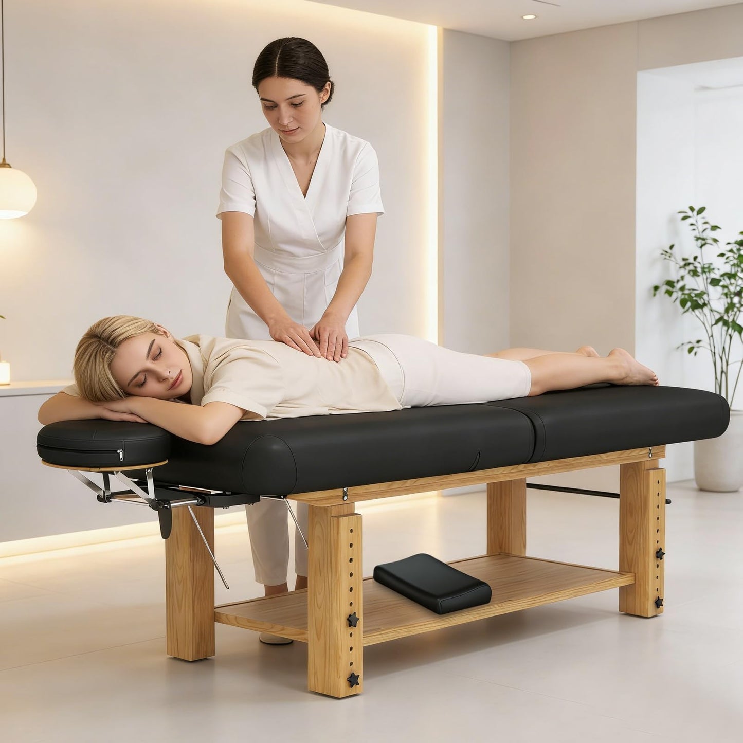 Heavy Duty Massage Table, Wooden Stationary Spa Bed with Adjustable Height & Backrest, PU Leather Professional Physical Therapy Facial Table with Face Pillow, Storage Shelf,1500 LBS Capacity