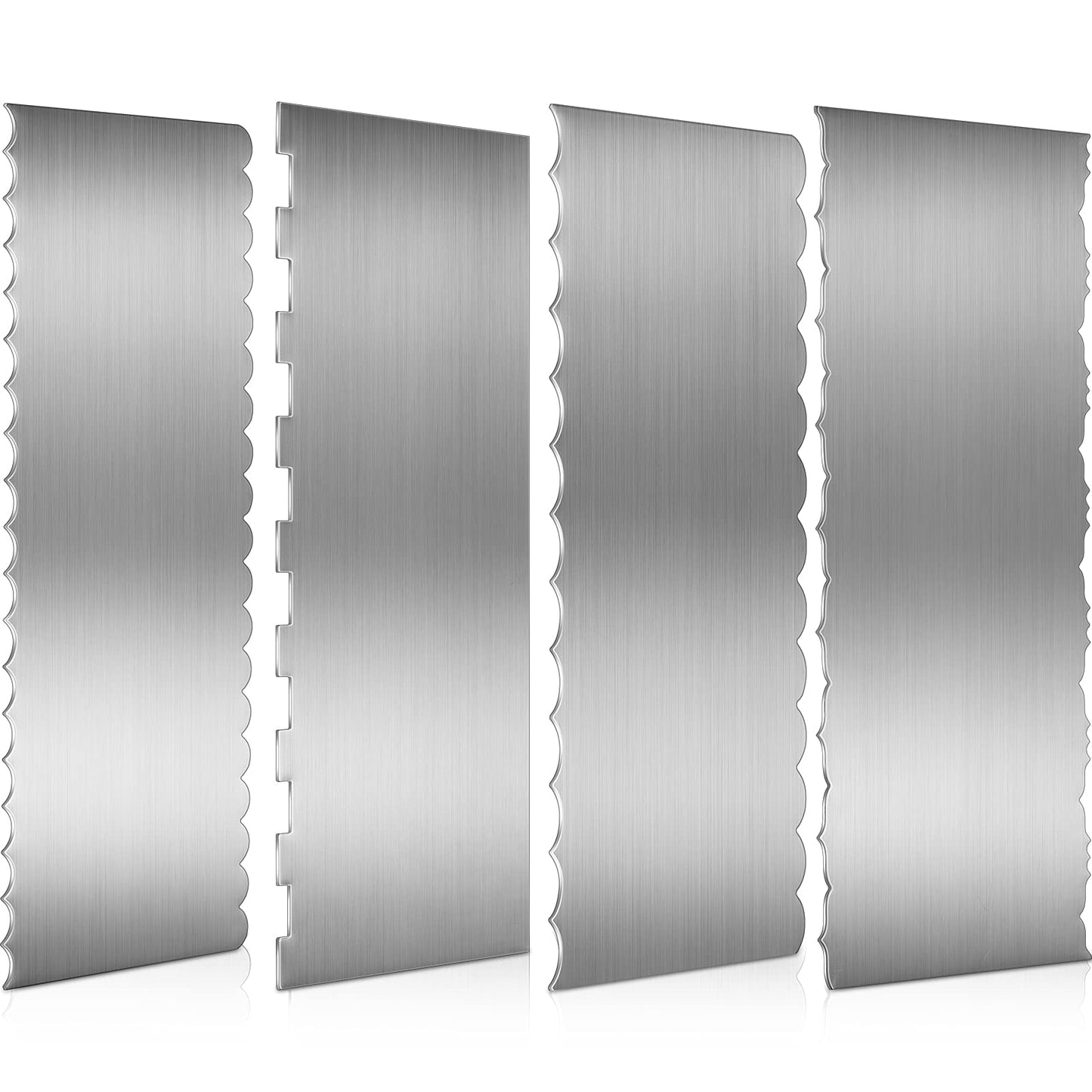 Geiserailie 4 Pieces Stainless Steel Cake Scraper Smoother Large Double Sided Patterned Edge Stripe 9 Inch Metal Cake Decorating Comb for Icing Mousse Butter Cream Decoration, 4 Styles