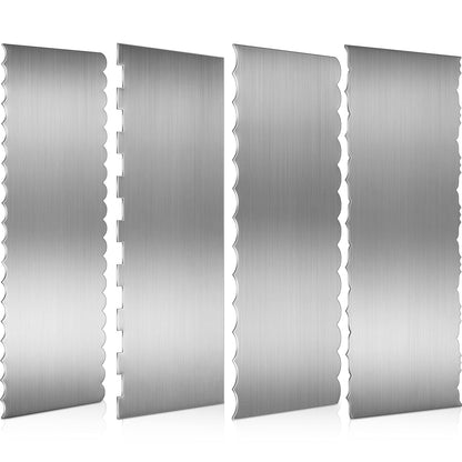 Geiserailie 4 Pieces Stainless Steel Cake Scraper Smoother Large Double Sided Patterned Edge Stripe 9 Inch Metal Cake Decorating Comb for Icing Mousse Butter Cream Decoration, 4 Styles