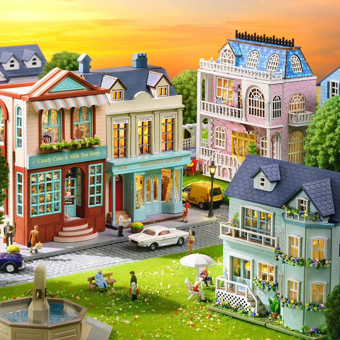 DIY Miniature House Kit, CUTEROOM Wooden Dollhouse Kit Mini House Making Kit with Furnitures, DIY Dollhouse Kit Birthday Gift for Women (Warm Manor)