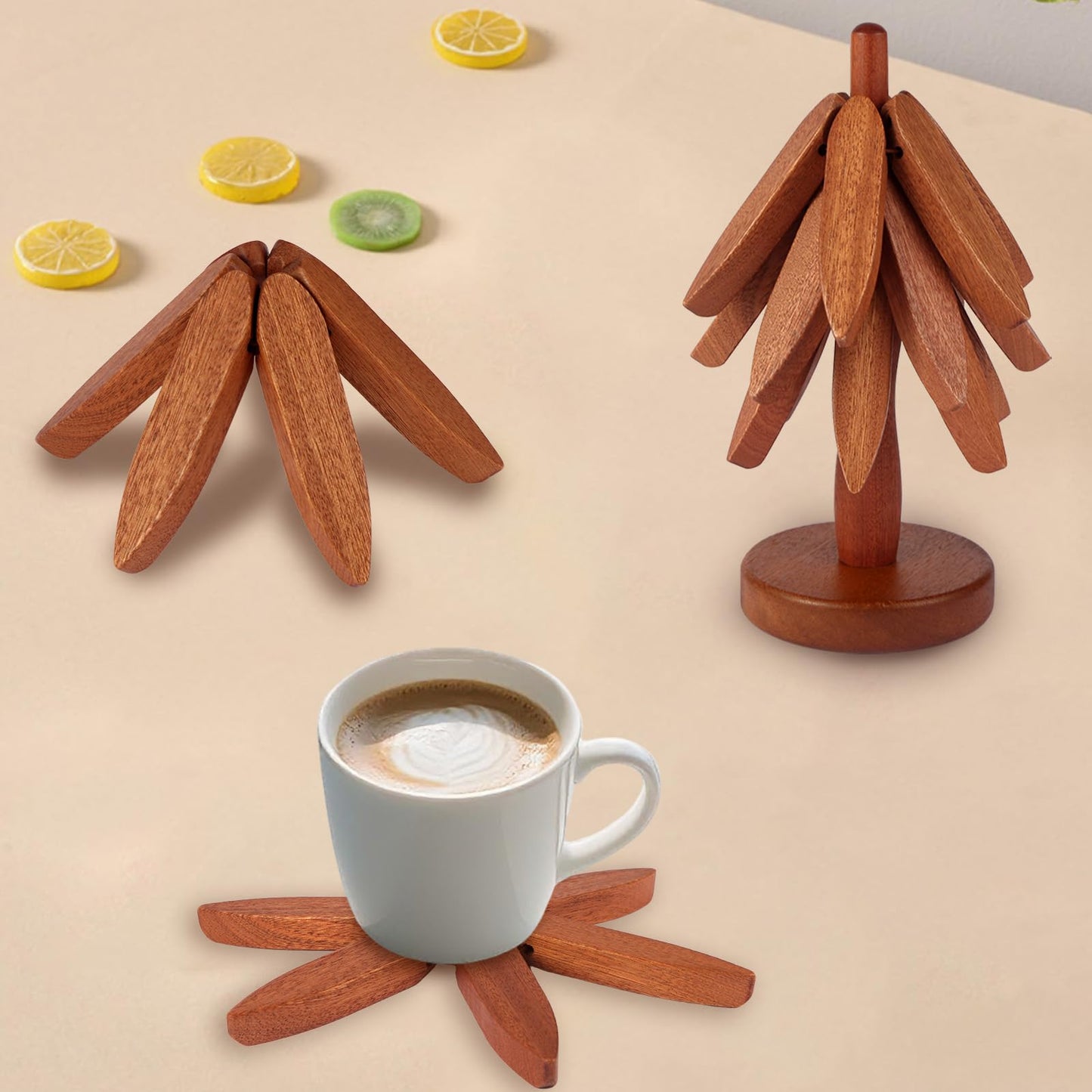 Smartwikiit Wooden Tree Trivet Set - 4 Heat-Resistant Sapele Wood Trivets with Stand for Hot Pots and Pans, Kitchen Countertop Protection, Christmas Tree Design Wooden Pot Holders