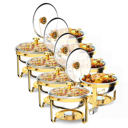 ROVSUN Chafing Dishes for Buffet 8Pack, 6QT Round Chafing Dish Buffet Set with Glass Lid & Lid Holder, Stainless Steel Chafers and Buffet Warmers Sets for Party Wedding Catering Events, Gold