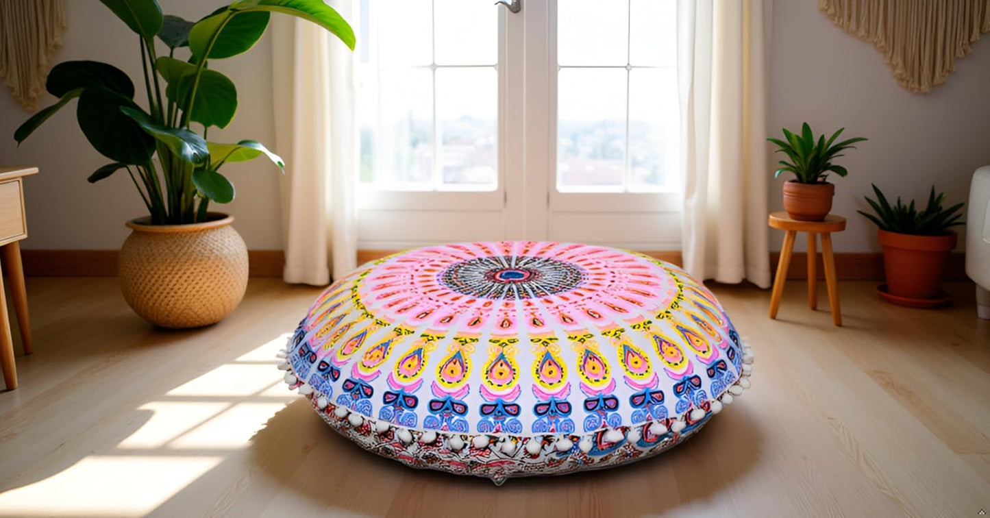22" CRAFT KALA Floor Pillows Cover for Sitting, Large Meditation Cushions Cover for Adults, Bohemian Mandala Round Pouf