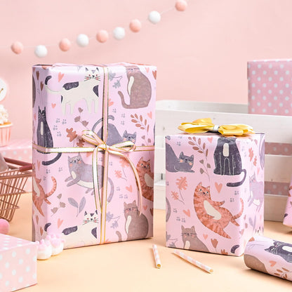 Burymento Reversible Cat Design Wrapping Paper Roll - Pink and white polka dot design on the other side, suitable for Valentine's Day, Birthday, Mother's Day, Wedding, Baby Shower