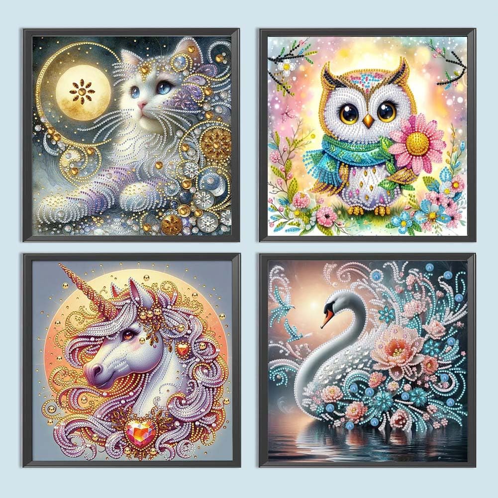 4Pack Diamond Painting Kits For Adults,Unicorn Special Shape Diamond Art Kits For Adults Beginners, DIY Diamond Crystal Rhinestones Gem Art Animal Owl and Cat Swan For Home Wall Decor 12 X 12Inch