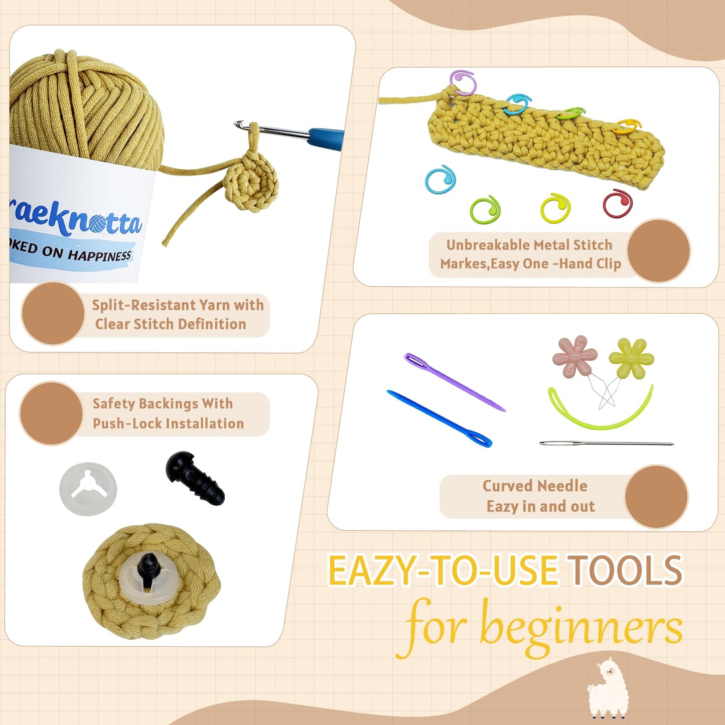 Araeknotta Crochet Kit for Beginners with Easy to Use Yarn, Crochet Hooks, Video Tutorial, Animal Amigurumi Craft Gift for Kids Women Adults (Llama 2 Pack)