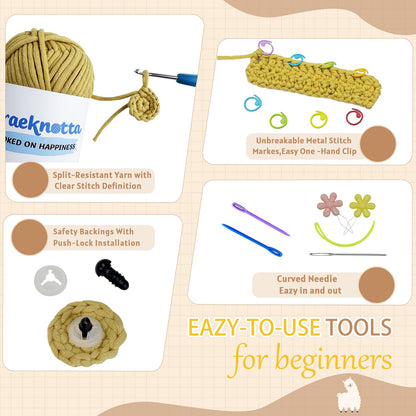 Araeknotta Crochet Kit for Beginners with Easy to Use Yarn, Crochet Hooks, Video Tutorial, Animal Amigurumi Craft Gift for Kids Women Adults (Llama 2 Pack)