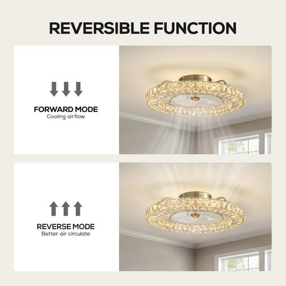 MOOONICHE 22" Low Profile Flush Mount Ceiling Fan, Ceiling Fan with Light and Remote, Dimmable Fandelier with Crystal Lampshade, Bladeless Enclosed Fan Light-Gold