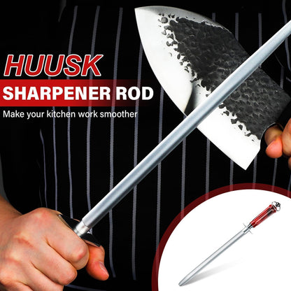 Huusk 10" Knife Sharpener Rod - High Carbon Steel Knife Steel Sharpener, Kitchen Knife Sharpeners with Magnetized Tips, 3200 Grit Sharpening Steel (Flat) Christmas Gift for Men and Women