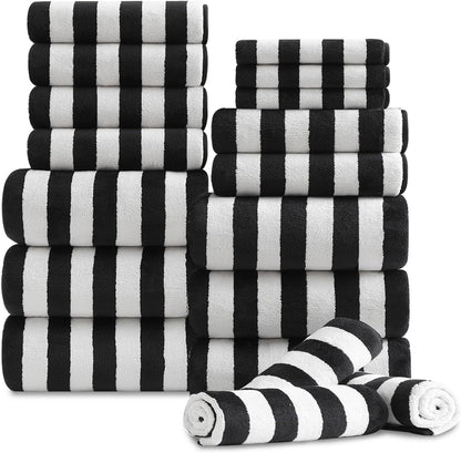18 Set Loop-6 Towels,6 Towels,6 Set Pcs Black White Stripe Bath Towel with Hanging Bath Hand Washcloths Soft Family